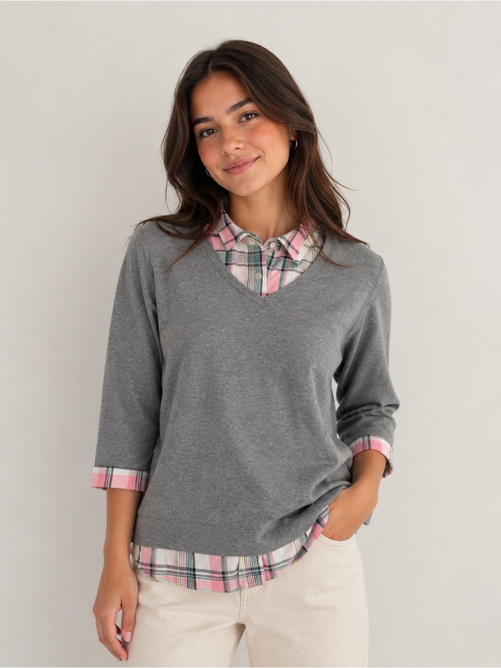 Sonoma Gray V-Neck Sweater with Pink Plaid Trim
